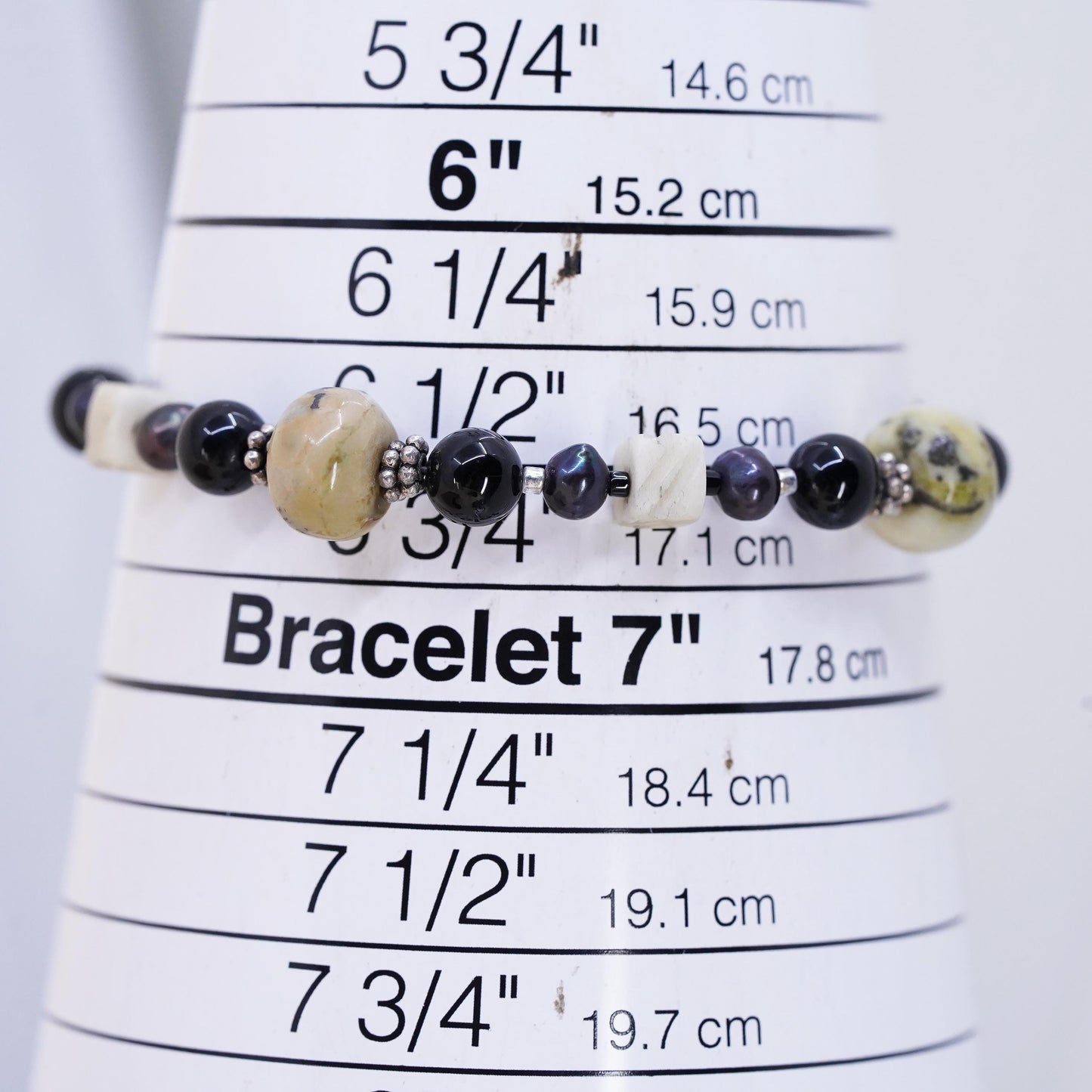 6.5”, Vintage Sterling 925 silver handmade bracelet with onyx Jasper beads