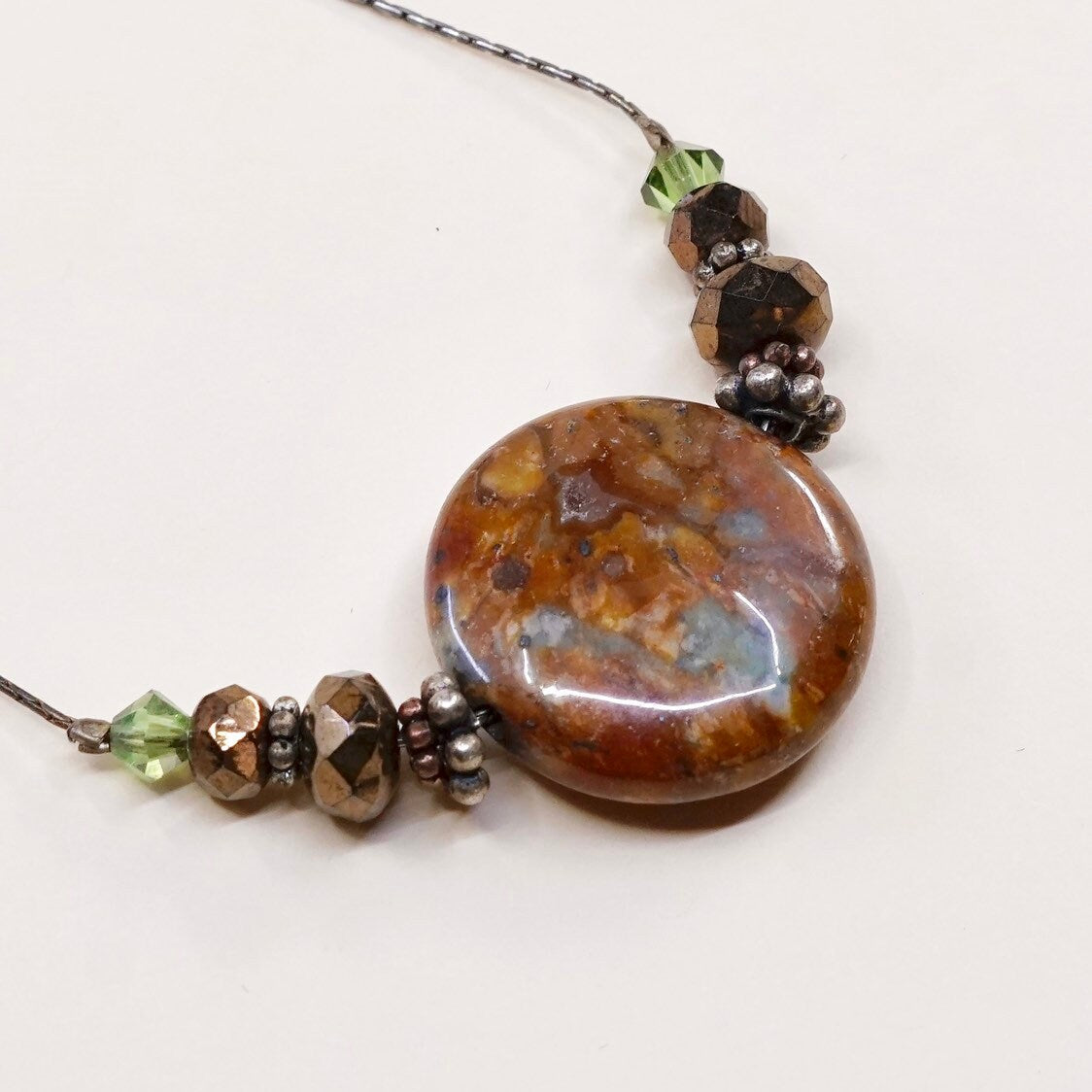 19", vintage sterling silver handmade necklace, fine 925 silver snake chain and brown agate pendant, stamped 925 italy