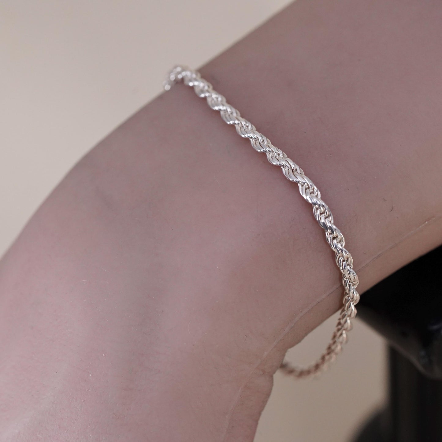 7" 3mm, Vintage Italian sterling 925 silver rope chain bracelet