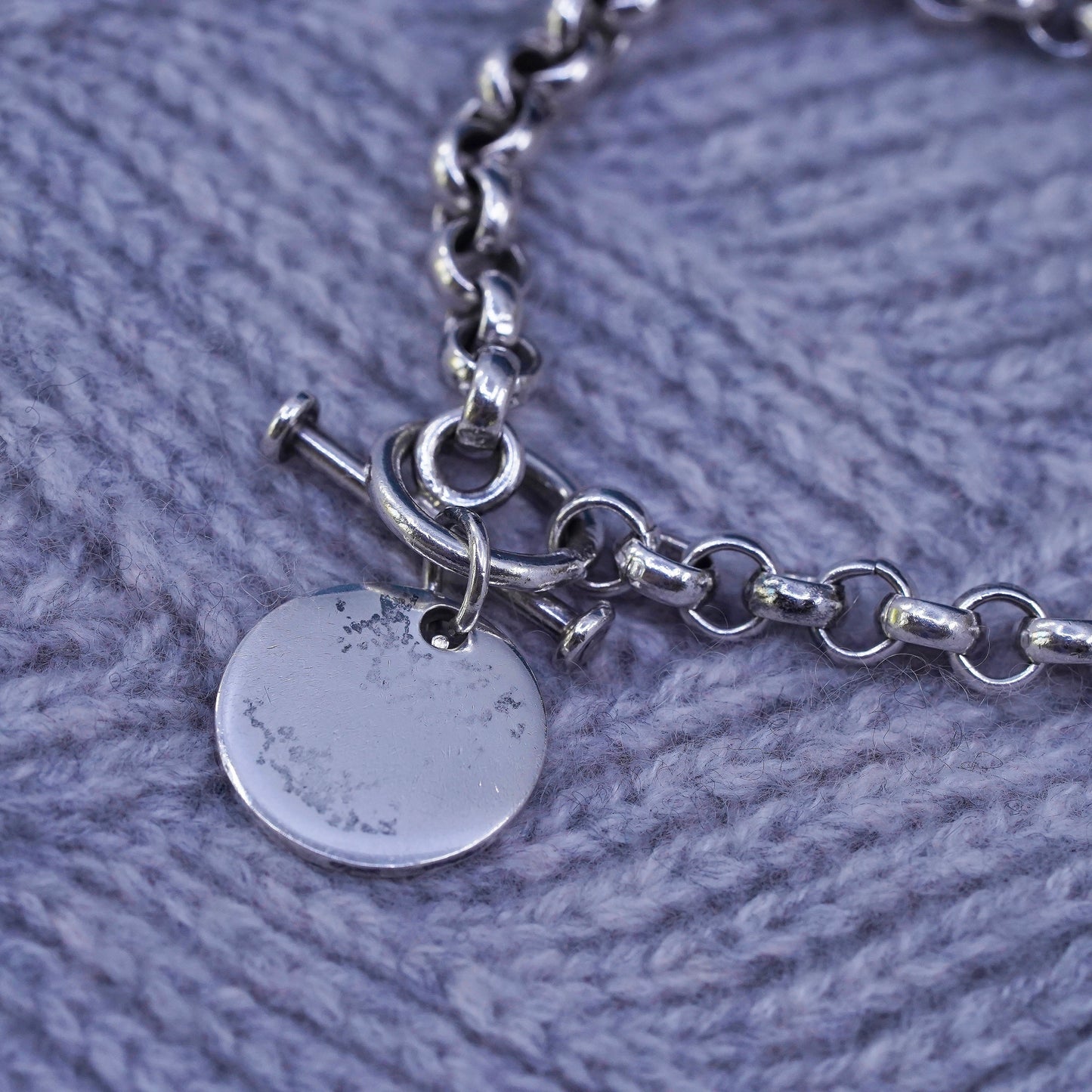 6.75", vintage Sterling silver bracelet, 925 bold circle chain circle tag charm
