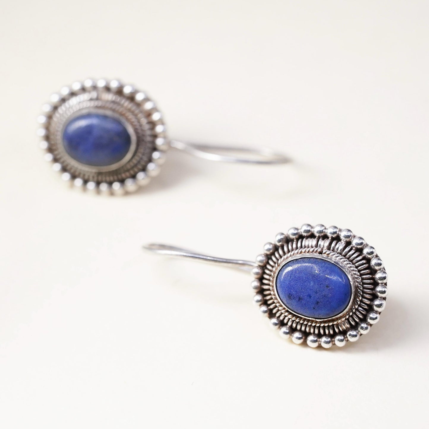 Vintage Sterling 925 Silver Handmade earrings with oval lapis lazuli and beads