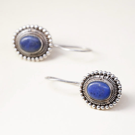 Vintage Sterling 925 Silver Handmade earrings with oval lapis lazuli and beads