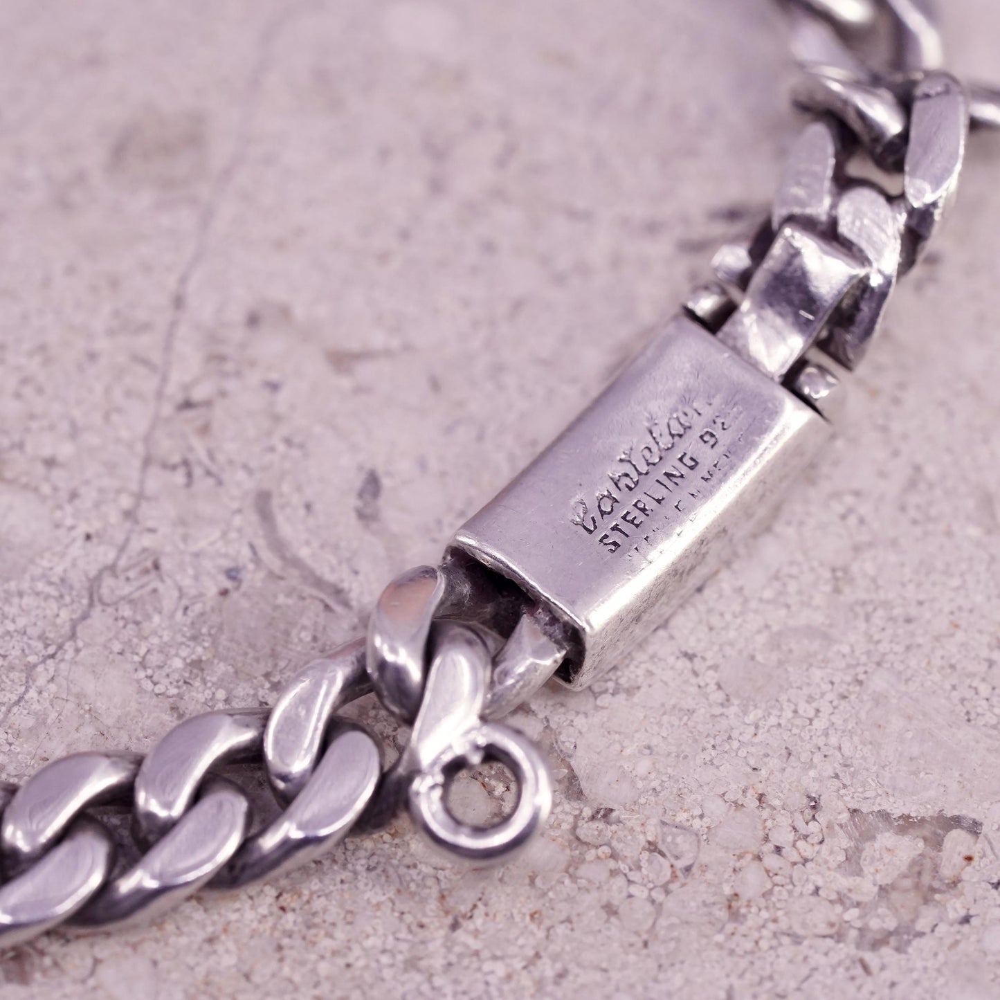 6.75” Castelan sterling silver bracelet, 925 curb chain 2 charms Mayan calendar