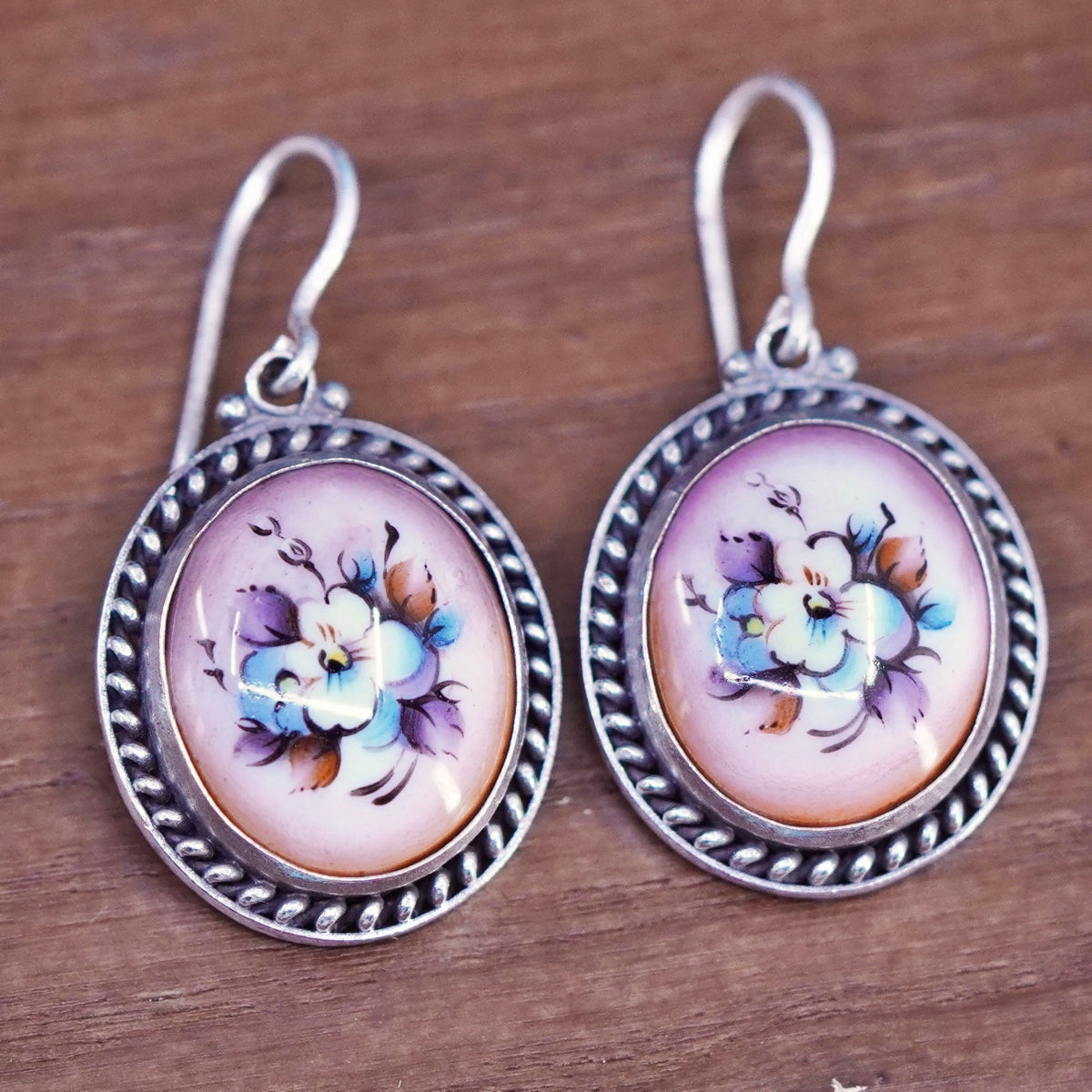 Vintage Sterling 925 silver handmade earrings with pink flower