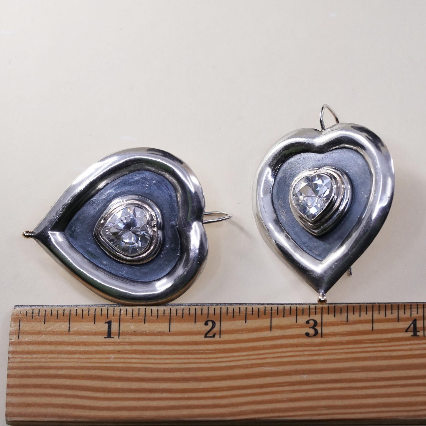 Vintage sterling silver handmade earrings, huge 925 silver heart with CZ