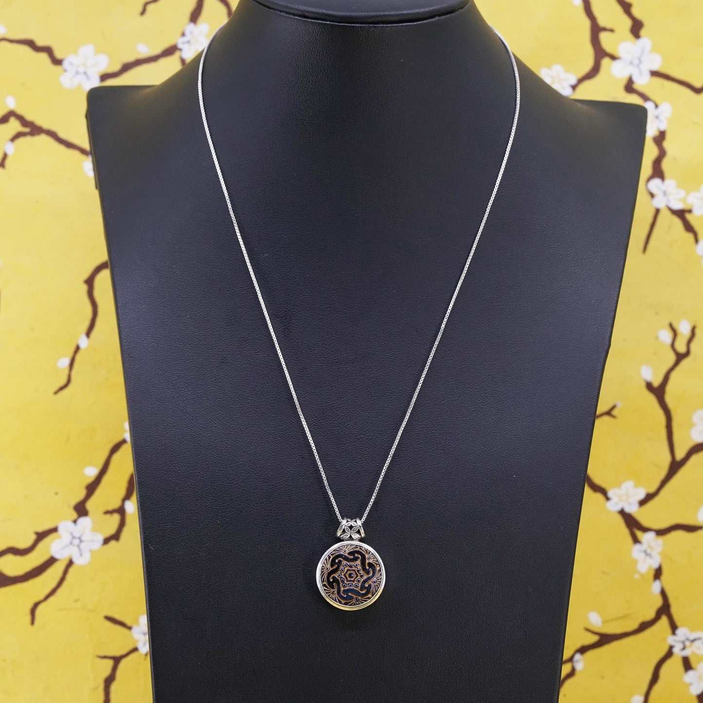 18" Sterling 925 Silver Blue Enamel Mandala Pendant Necklace, Gold Washed, Boho
