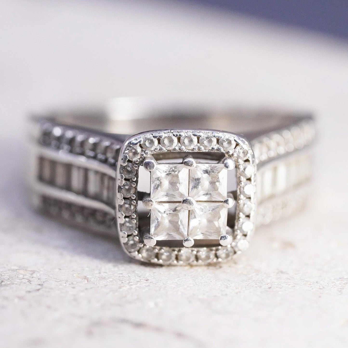 Size 8, Sterling Silver 925 CZ Cluster Princess Cut Square Halo Ring, Crystal