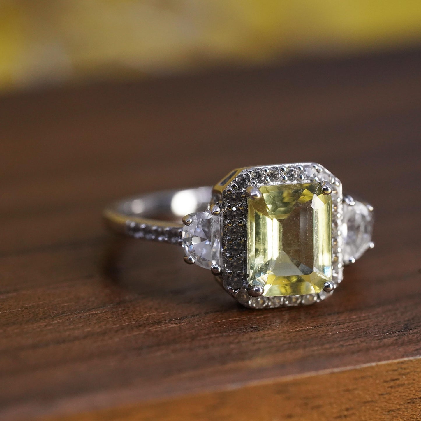 Size 9, vintage BBJ Sterling 925 silver ring with emerald cut citrine and cz