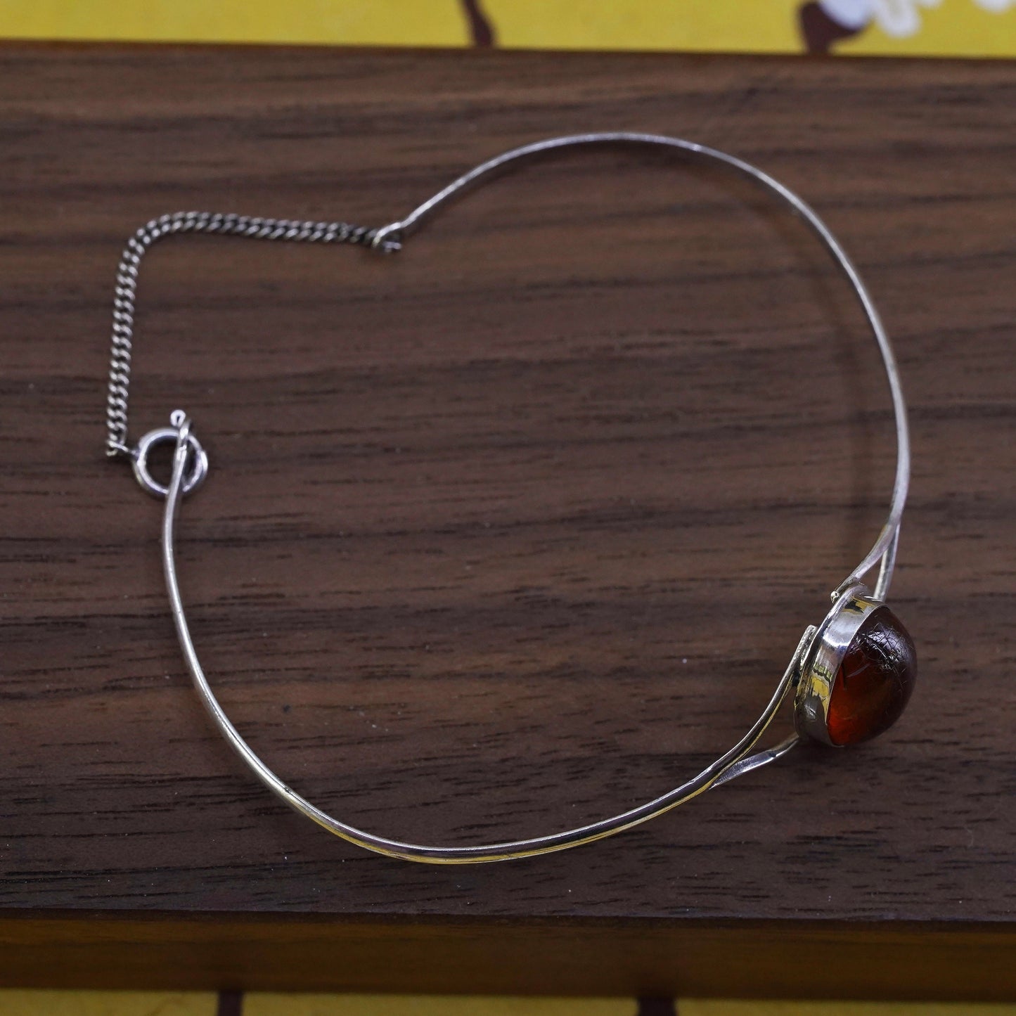 6.5”, Vintage Sterling silver handmade bracelet, 925 hinged bangle with amber