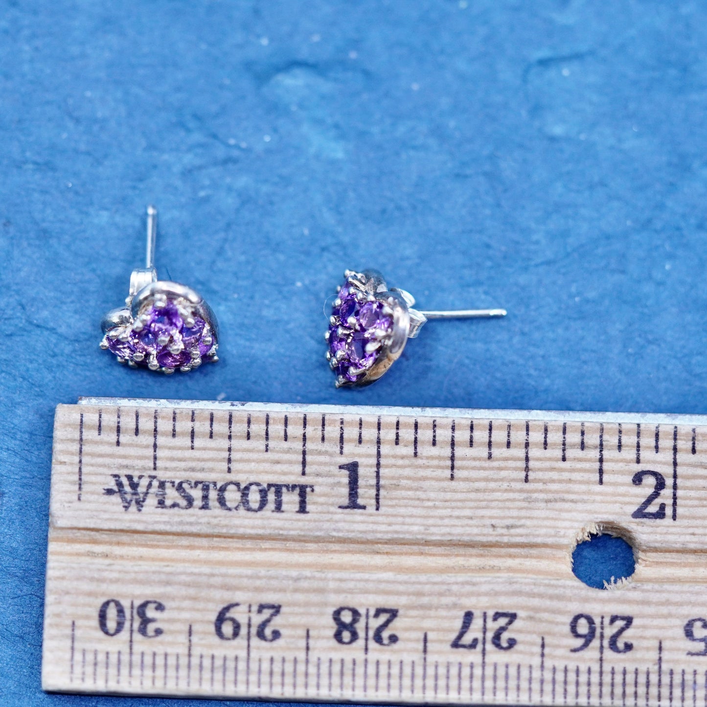 Vintage Sterling silver handmade earrings, 925 heart studs w/ cluster amethyst