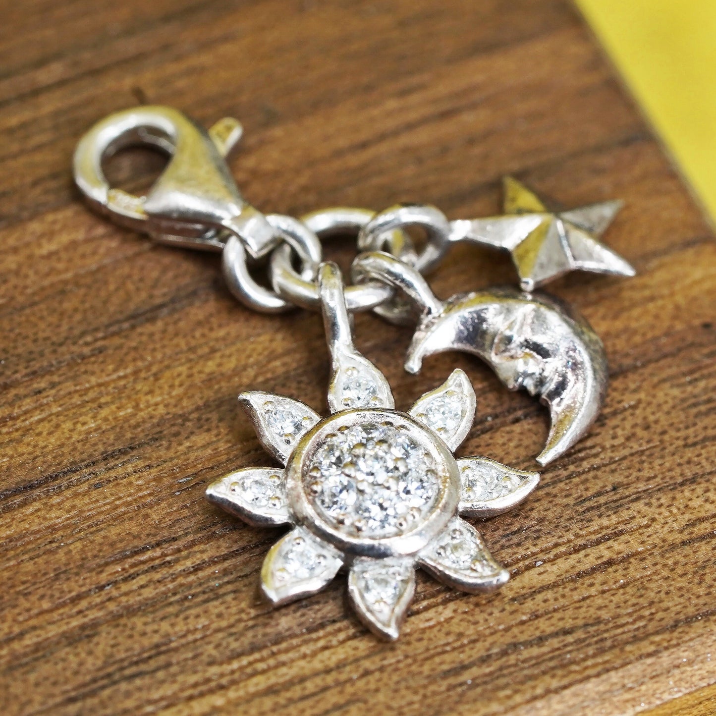 Vintage Sterling silver handmade cz pendant, 925 sun moon star charm