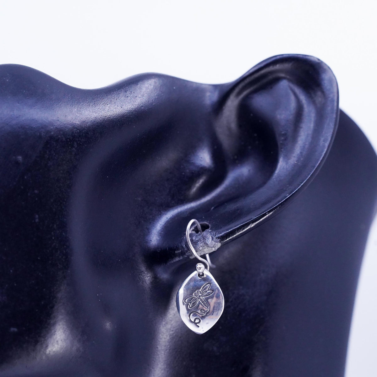 Vintage Sterling 925 silver handmade dragonfly embossed tag earrings