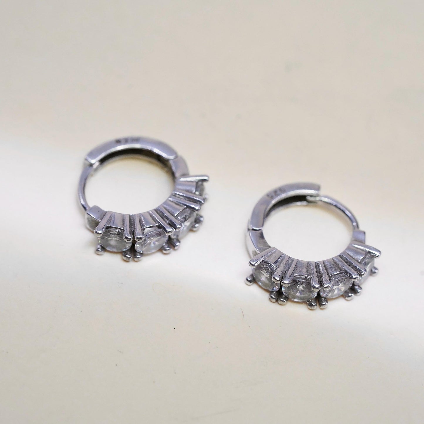 0.5”, Vintage fashion sterling silver earrings, 925 huggie hoops with clear Cz