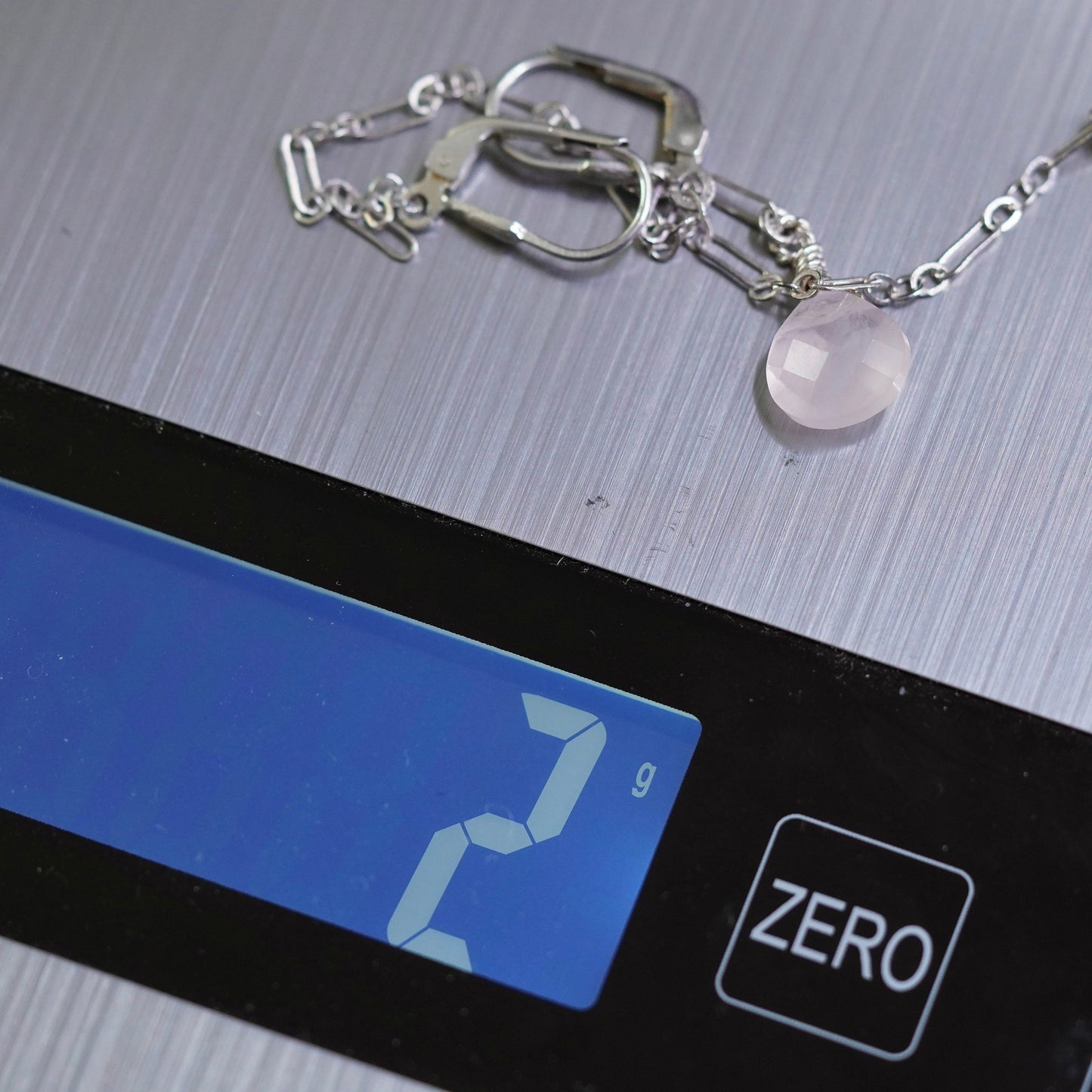 sterling silver handmade earrings, 925 chain drop w/ teardrop pink rose quartz