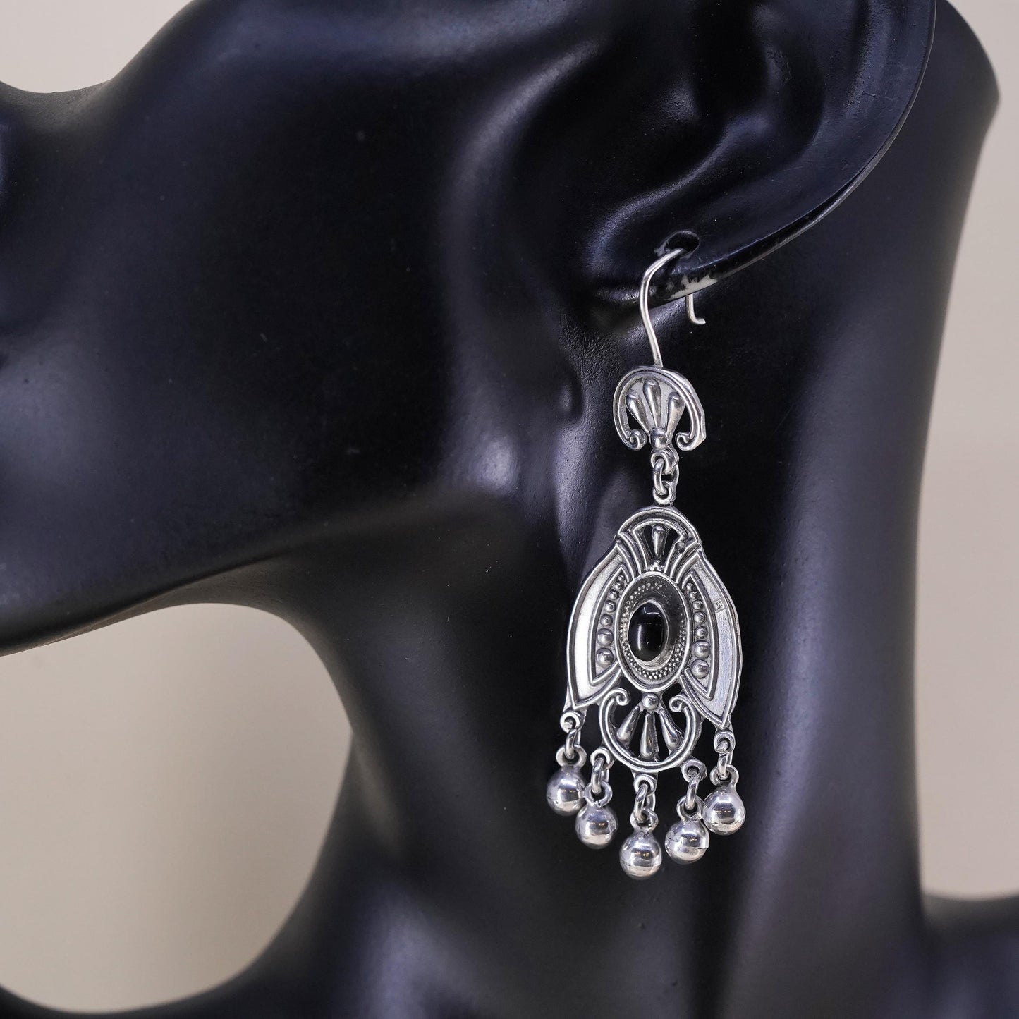 Vintage sterling 925 silver handmade earrings with onyx and bead dangles