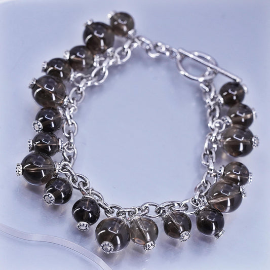 6.75”, Sterling 925 silver bracelet with smoky crystal beads and toggle closure