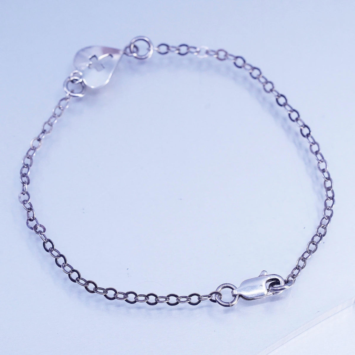 7" 2mm, Vintage Sterling 925 silver handmade bracelet, heart charm cross cutout