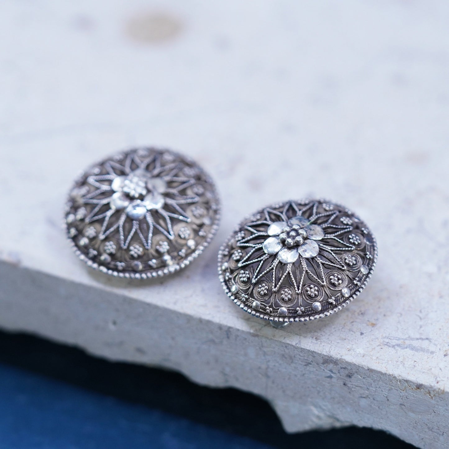 HSN Germany Sterling silver handmade filigree earrings, 925 circle clip on