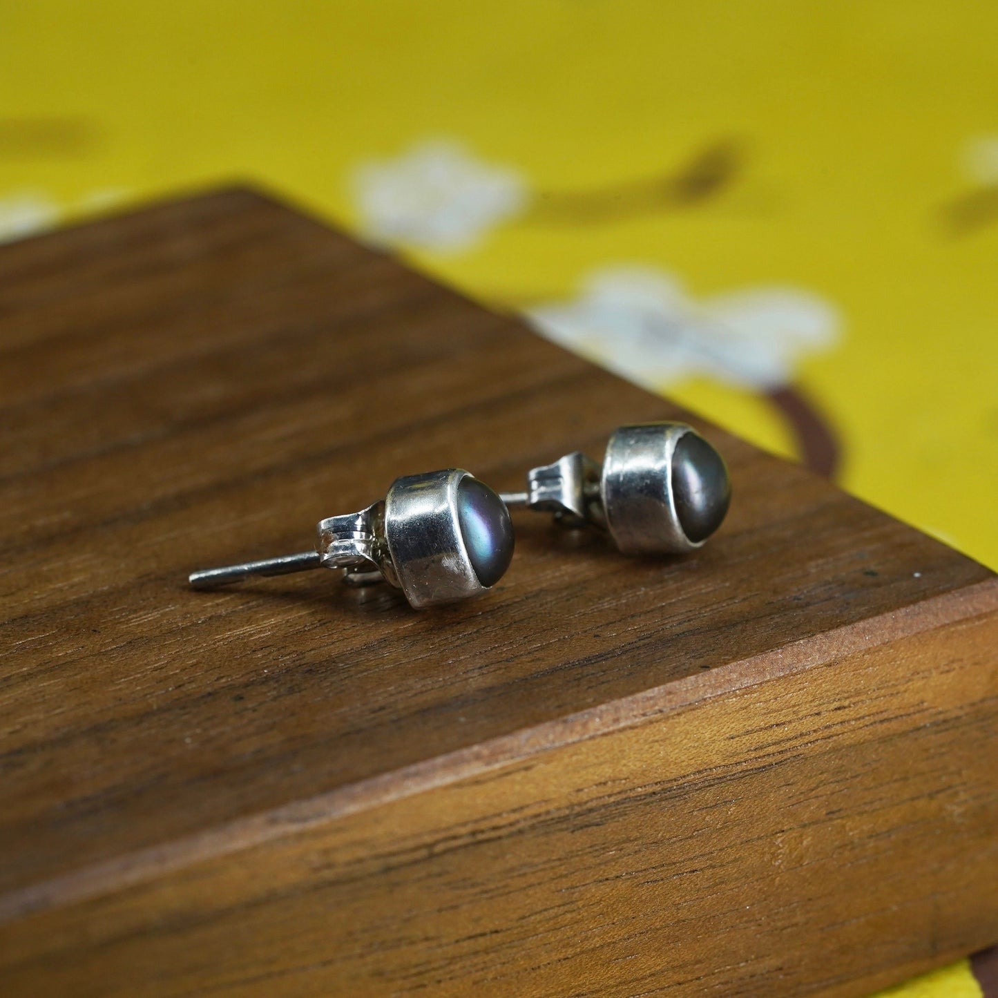 Vintage Sterling silver handmade earrings, 925 black pearl studs