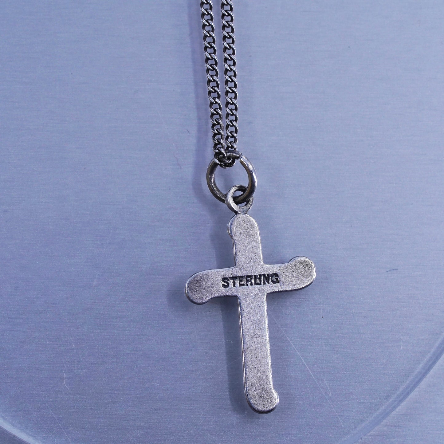 18”, VTG Sterling 925 silver curb chain necklace with turquoise cross pendant