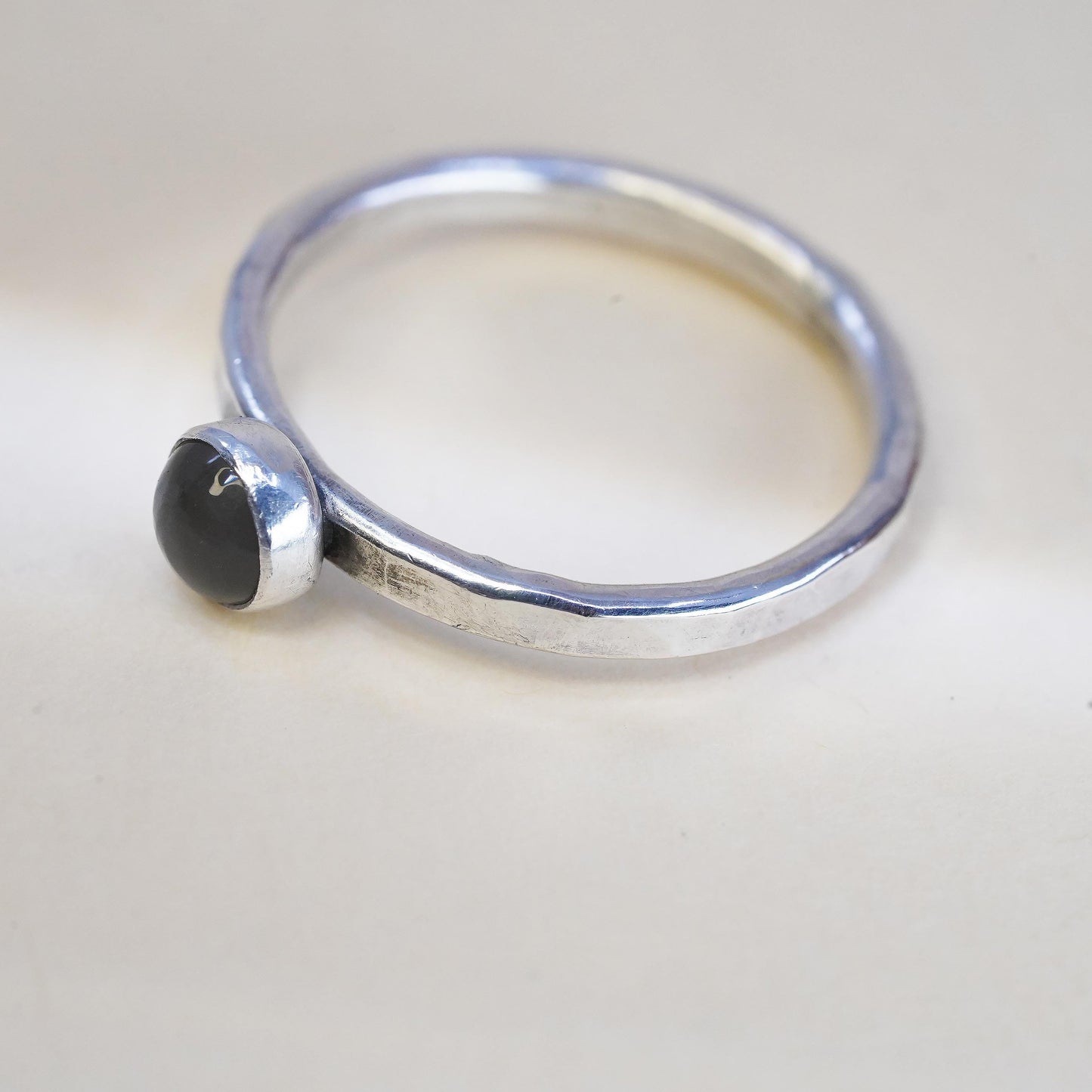 Size 7.25, Vintage 925 sterling silver stackable ring with blue chalcedony bead