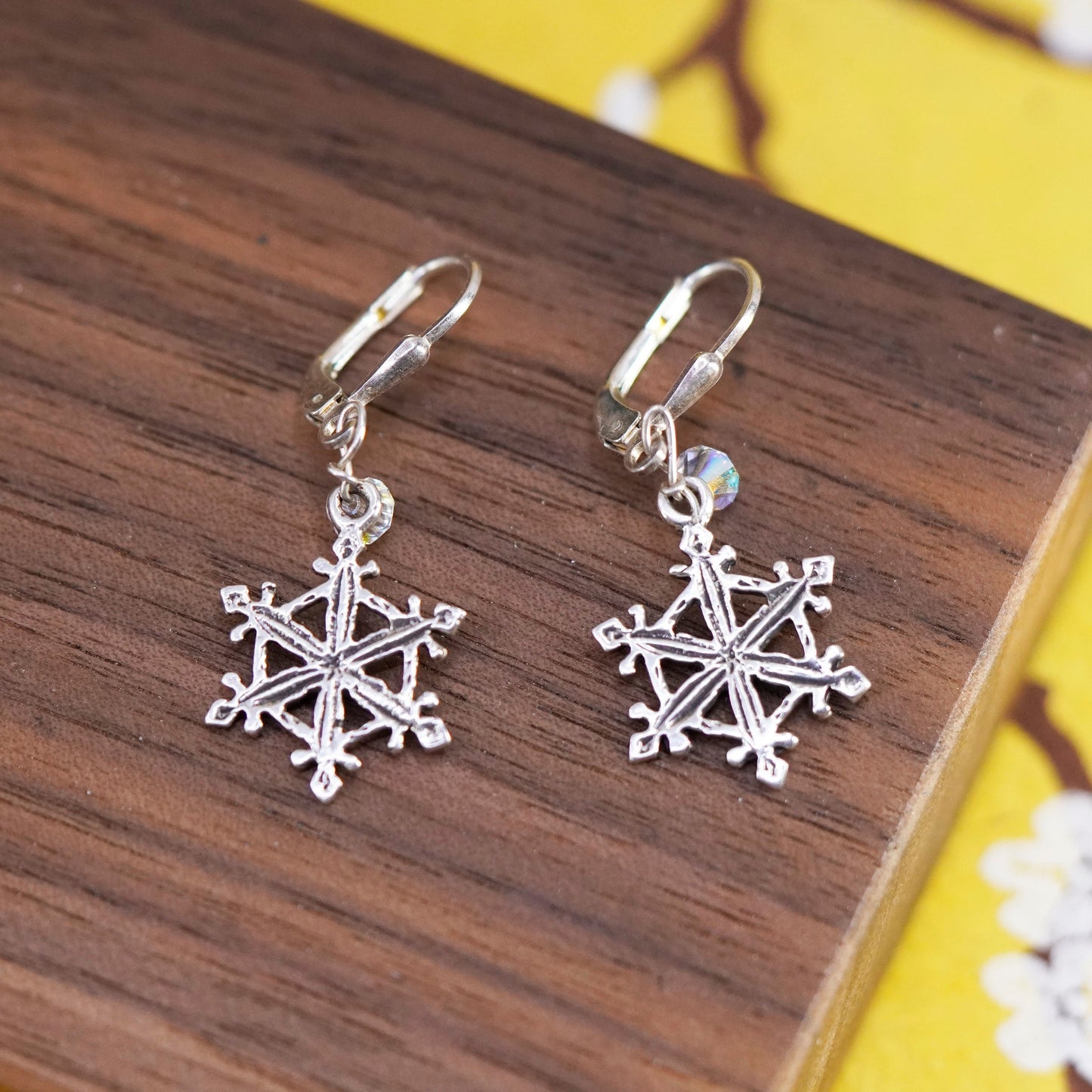 Vintage Sterling silver handmade earrings, 925 snowflake drops