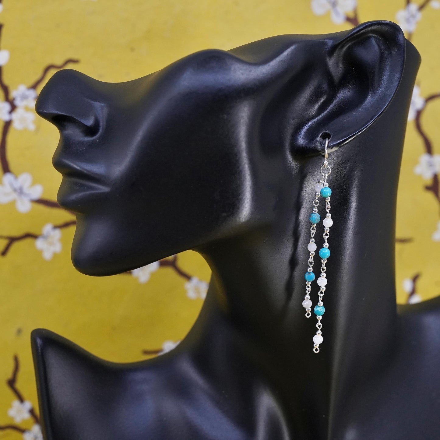 Vintage Sterling 925 silver handmade long earrings w/ turquoise moonstone bead