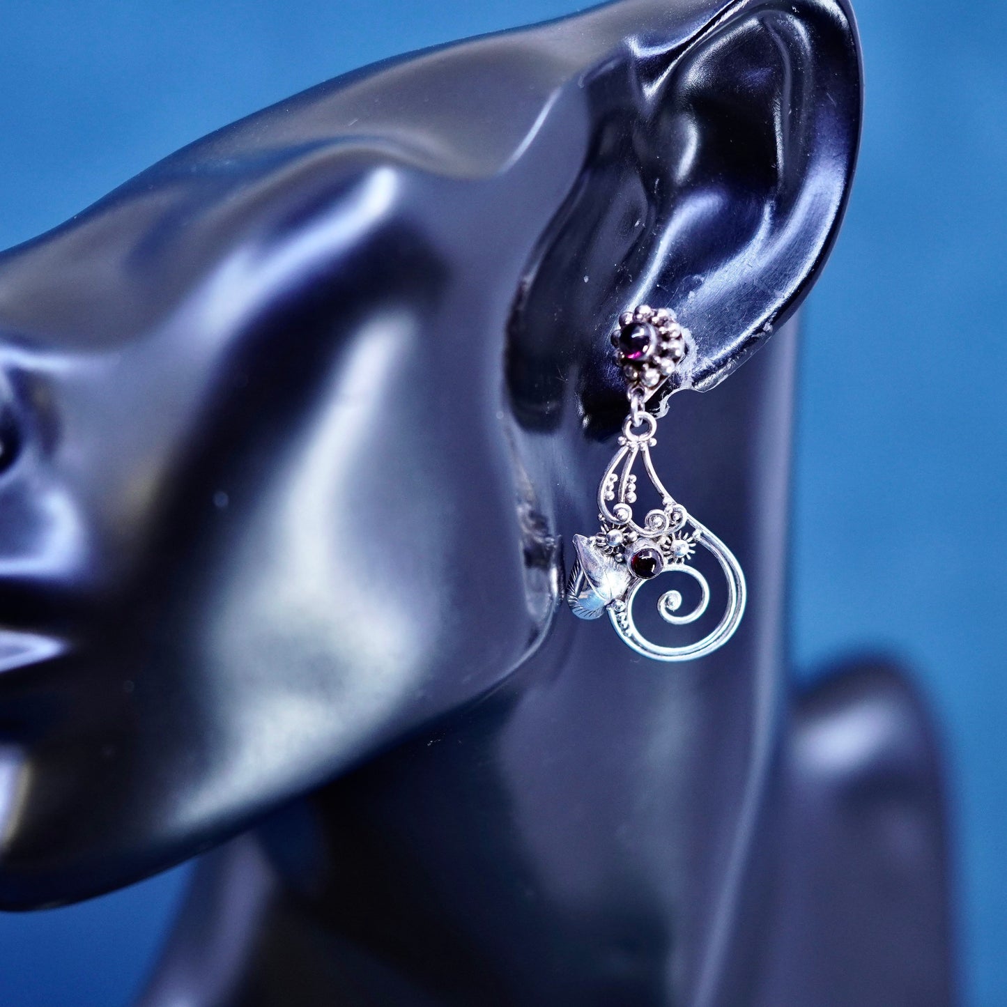 Vintage sterling 925 silver handmade swirly earrings with garnet beads