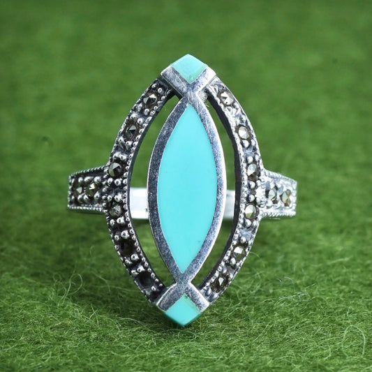 Size 7.25, Vintage sterling silver 925 handmade ring with turquoise marcasite