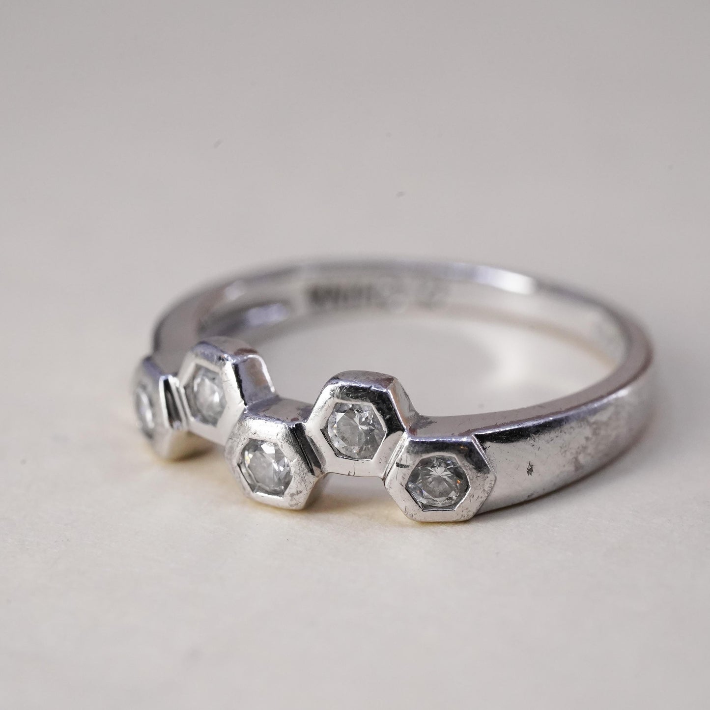 Size 7.25, sterling 925 silver ring, engagement band hexagram honeycomb cut cz