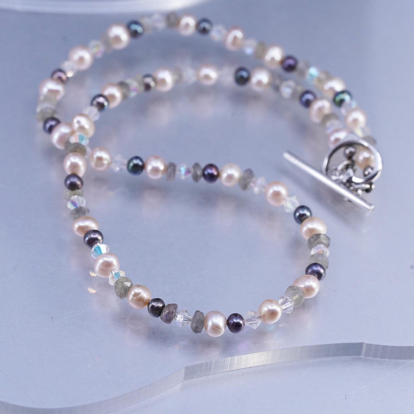 16" Vintage Sterling 925 silver handmade necklace With Pearl, Crystal Beads
