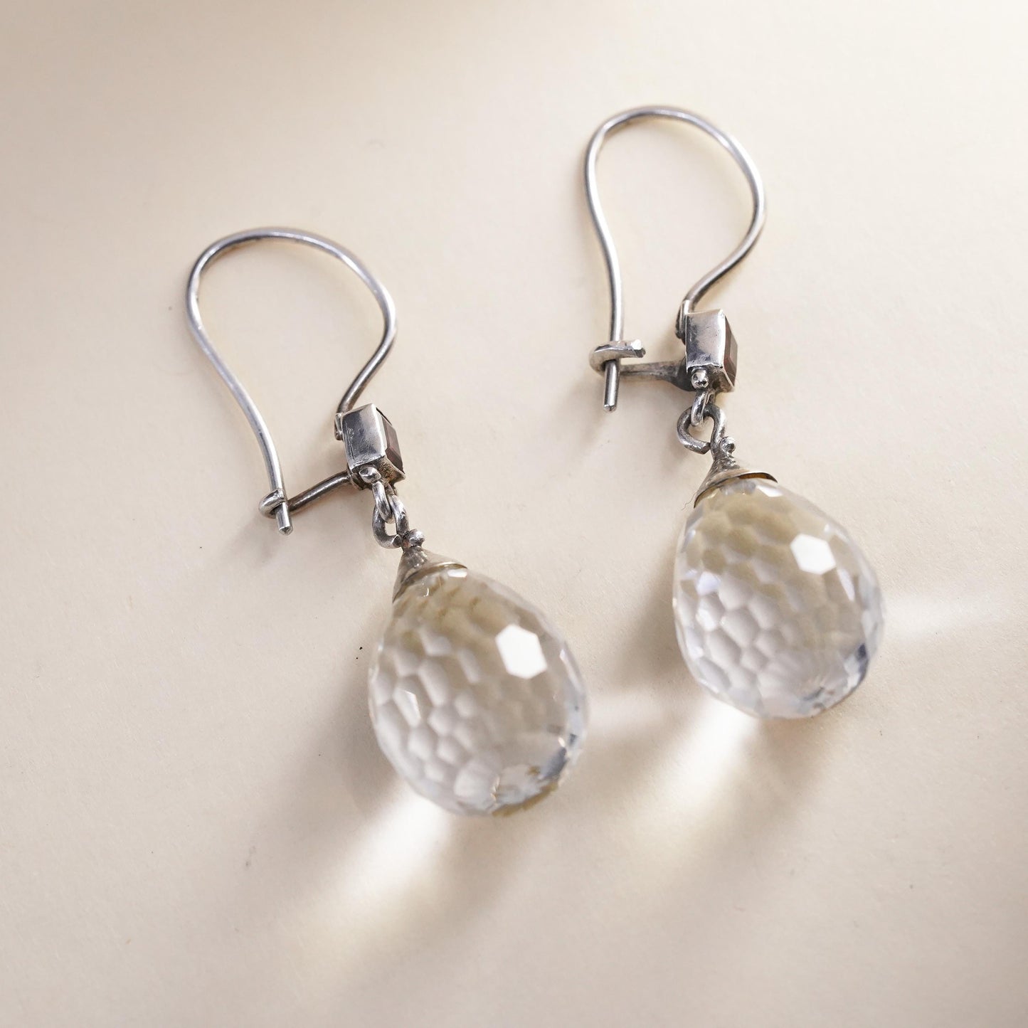 Vintage sterling silver 925 earrings with teardrop crystal drops ruby details