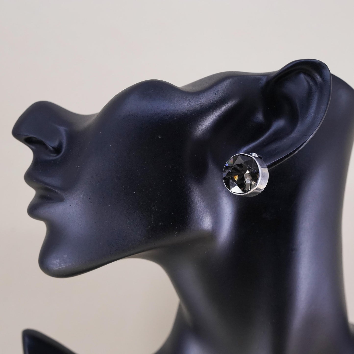 0.5”, Vintage sterling silver smoky quartz circle studs, fashion minimalist earrings