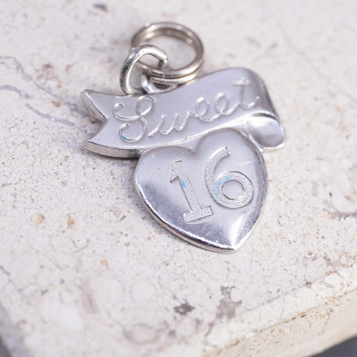 Vintage Sterling silver handmade pendant, 925 tag charm embossed "sweet 16"