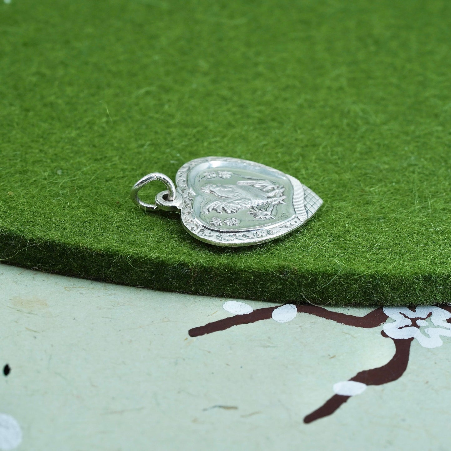 Sterling silver handmade pendant, 925 Chinese word “blessing” and “rooster”