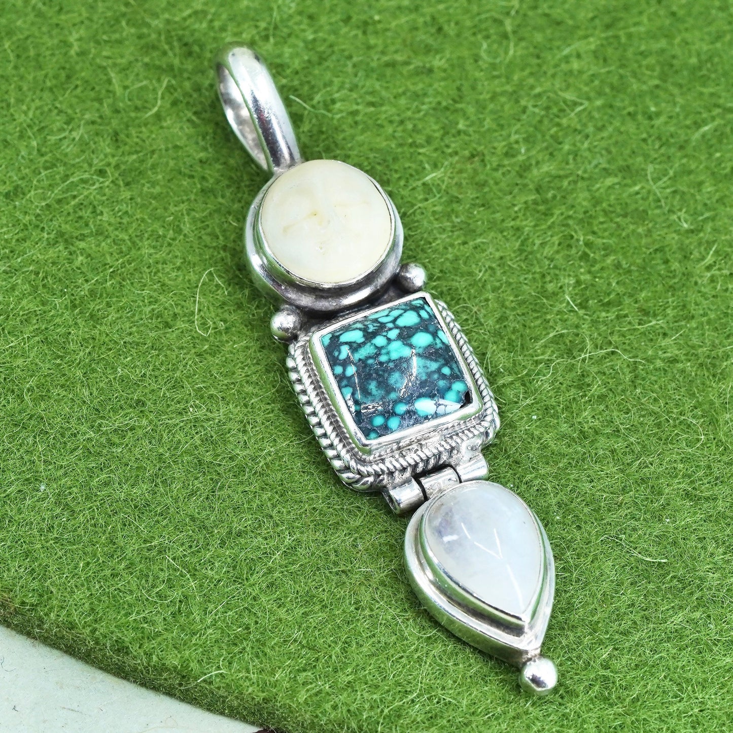 Native American sterling silver 925 moon face pendant with turquoise moonstone