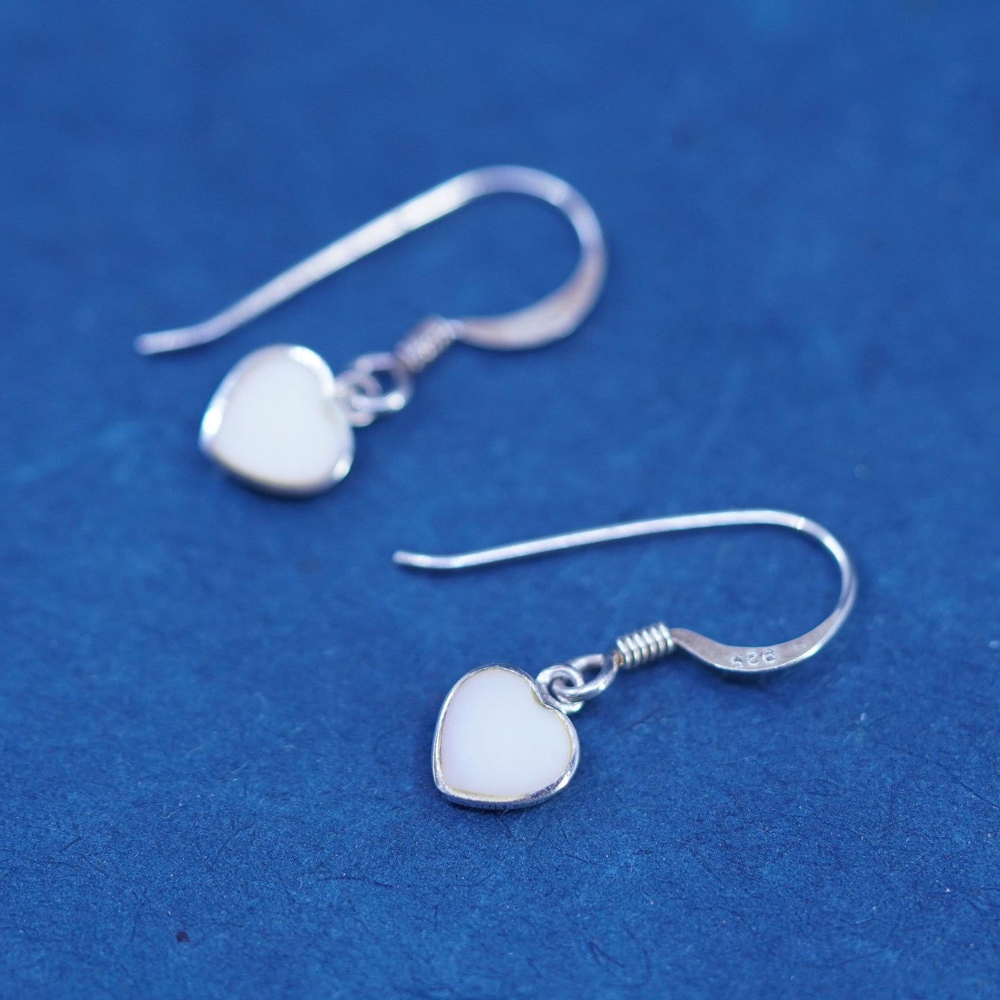 Sterling silver handmade earrings, 925 heart drops pink mother of pearl inlay