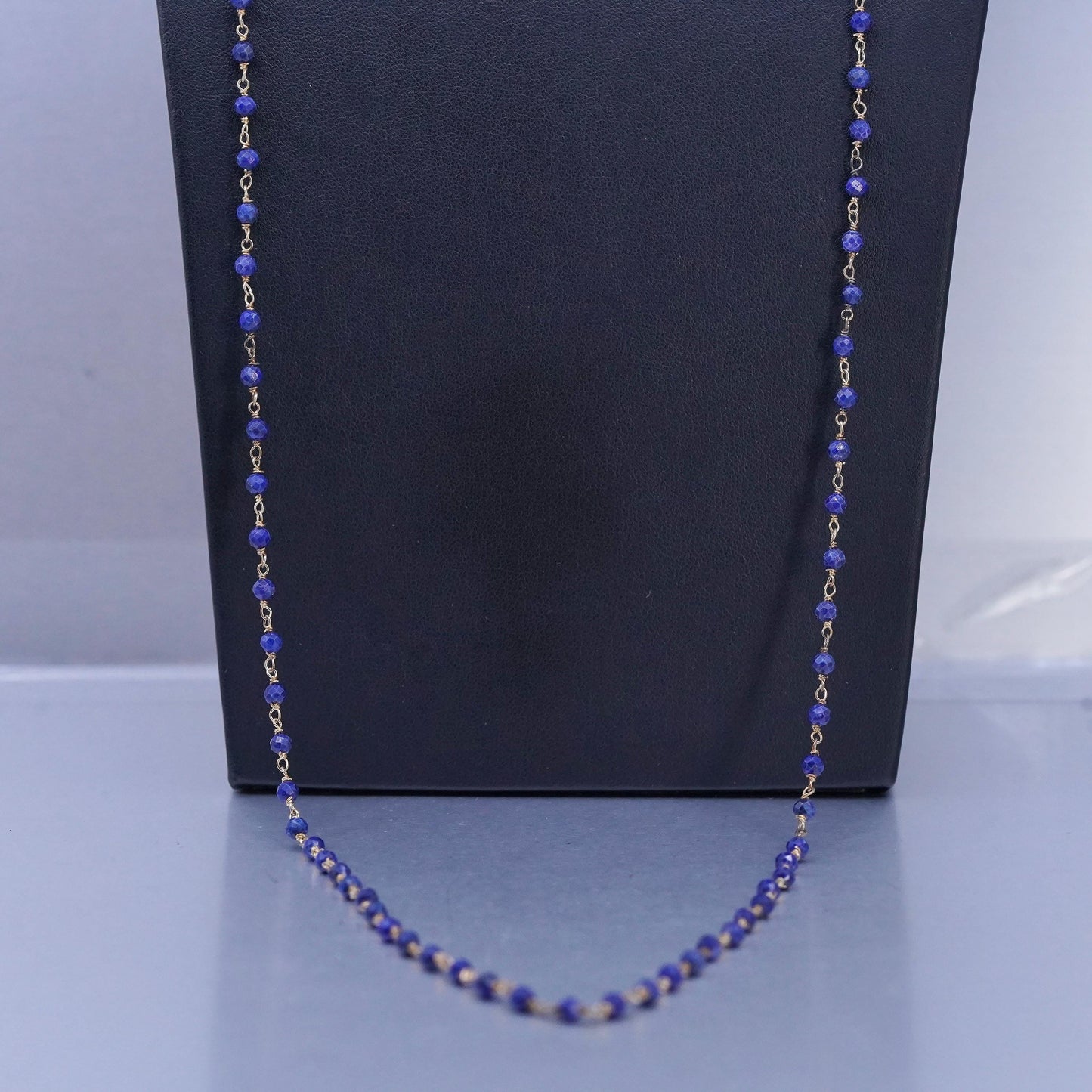 30", MLD gold plated Sterling 925 silver long circle necklace lapis lazuli bead