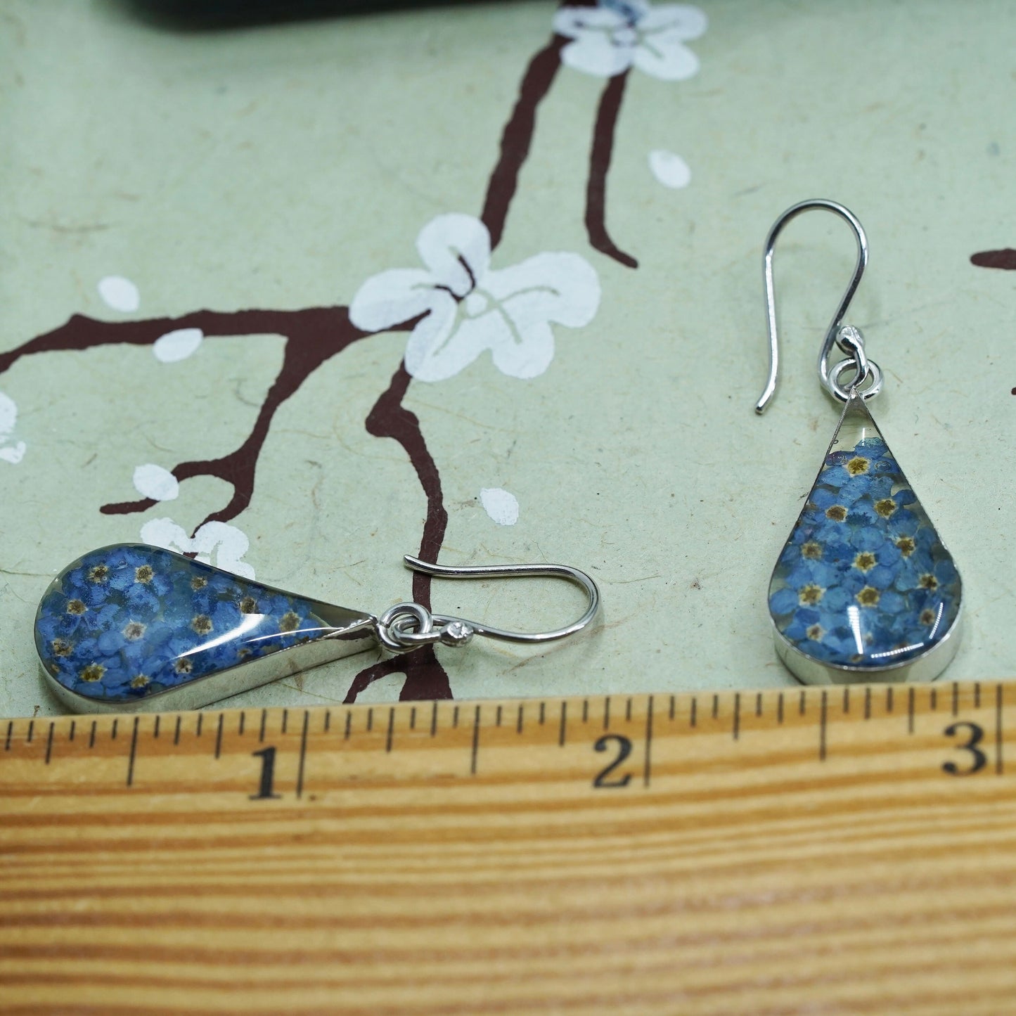 Vintage Mexico sterling silver earrings, 925 teardrop with purple flower resin