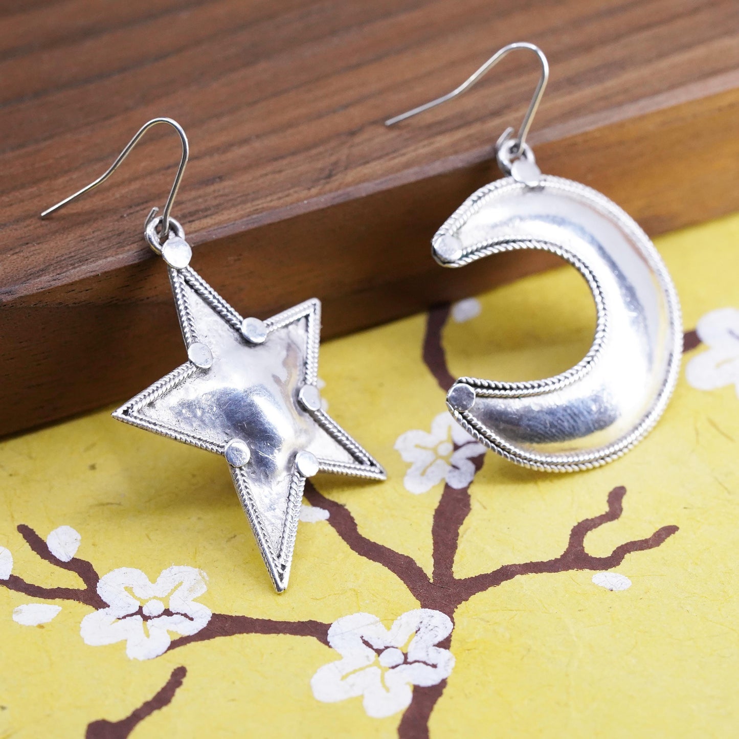 Vintage sterling silver handmade earrings, 925 moon and star drops