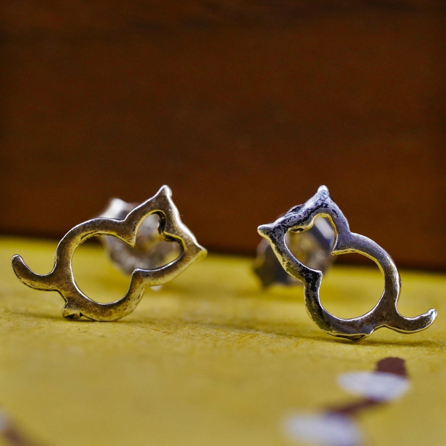 Vintage Sterling silver handmade earrings, 925 cat studs