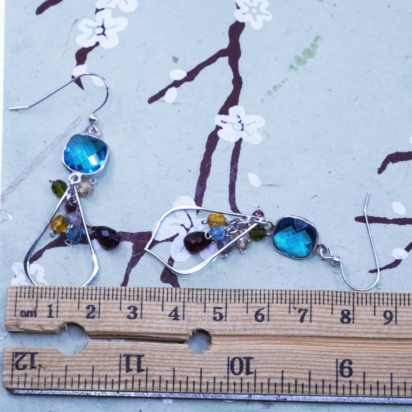 sterling silver 925 earrings with teardrop blue topaz drops and gemstone beads