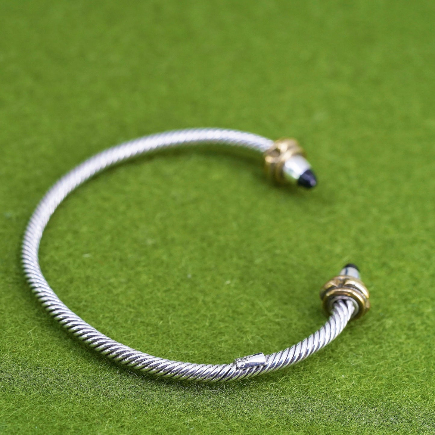 6.75", Sterling silver bangle, taxco 925 braided cable cuff bracelet with onyx