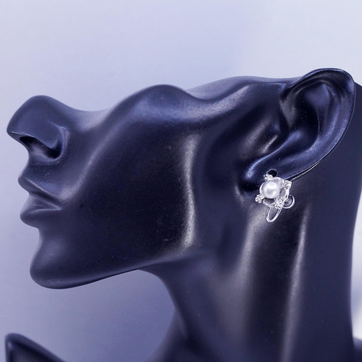 Vintage AMCO Sterling 925 Silver Handmade Screw Back Earrings With gray pearl