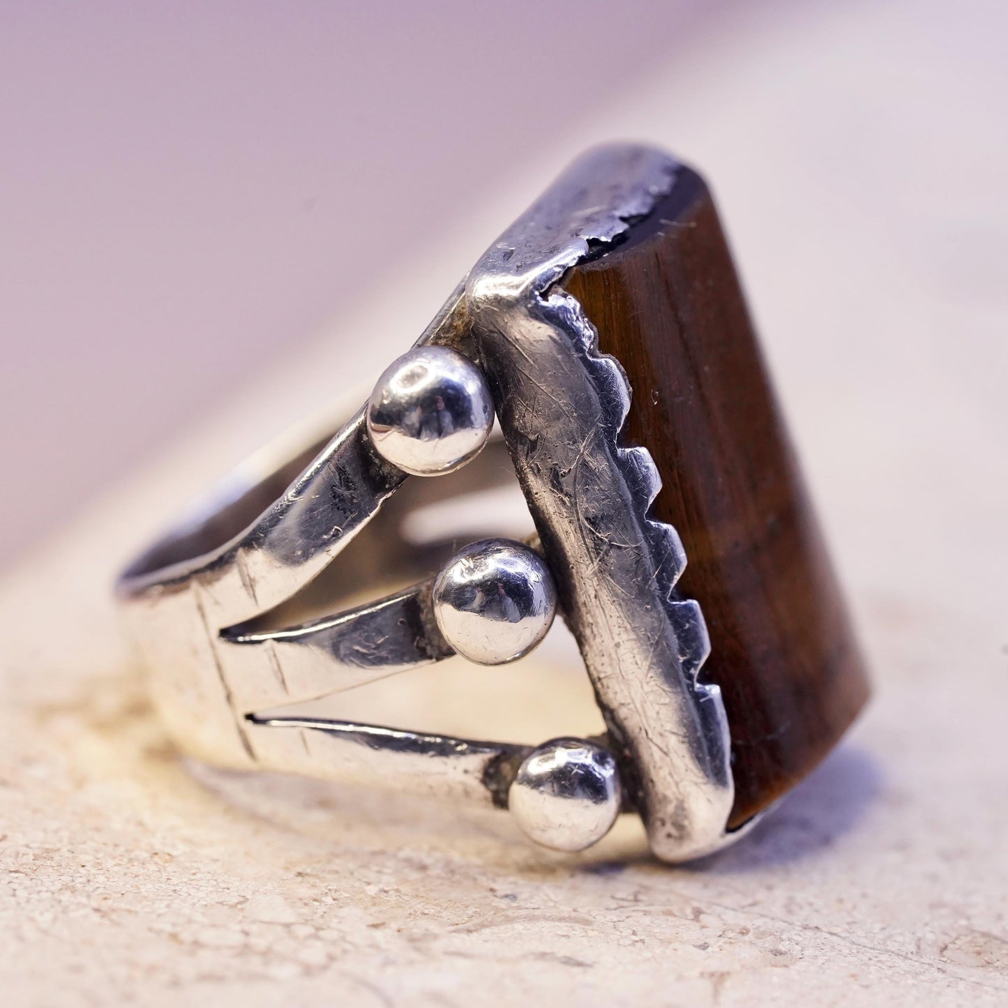 Size 7.75, vintage Sterling 925 silver handmade ring golden tiger eye and beads