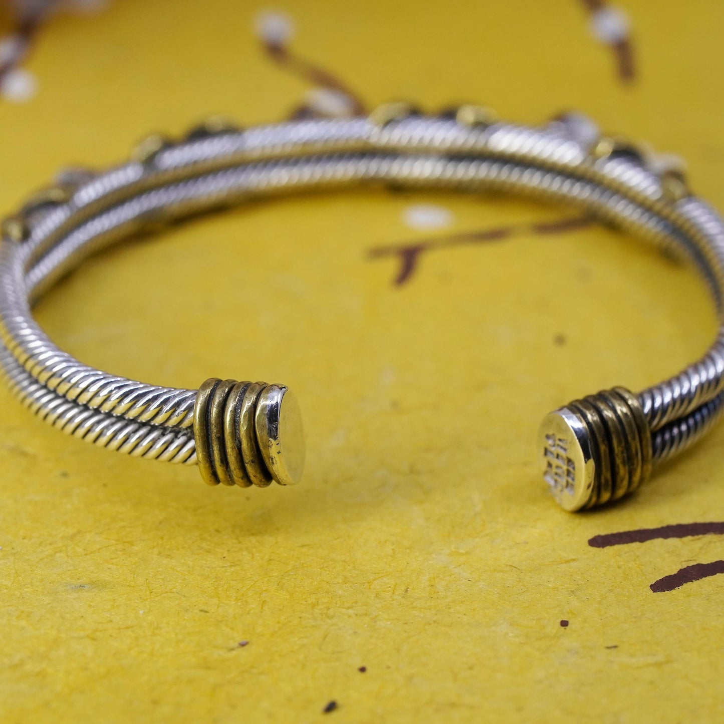 6.75", Mexican sterling silver bracelet, 925 cable cuff brass cross red onyx