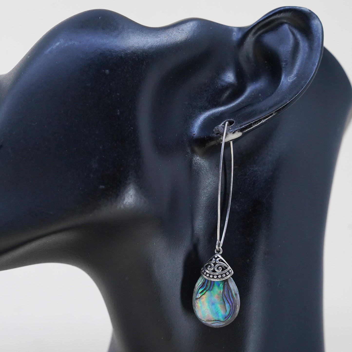 Vintage Thailand FD sterling 925 silver handmade teardrop earrings with abalone