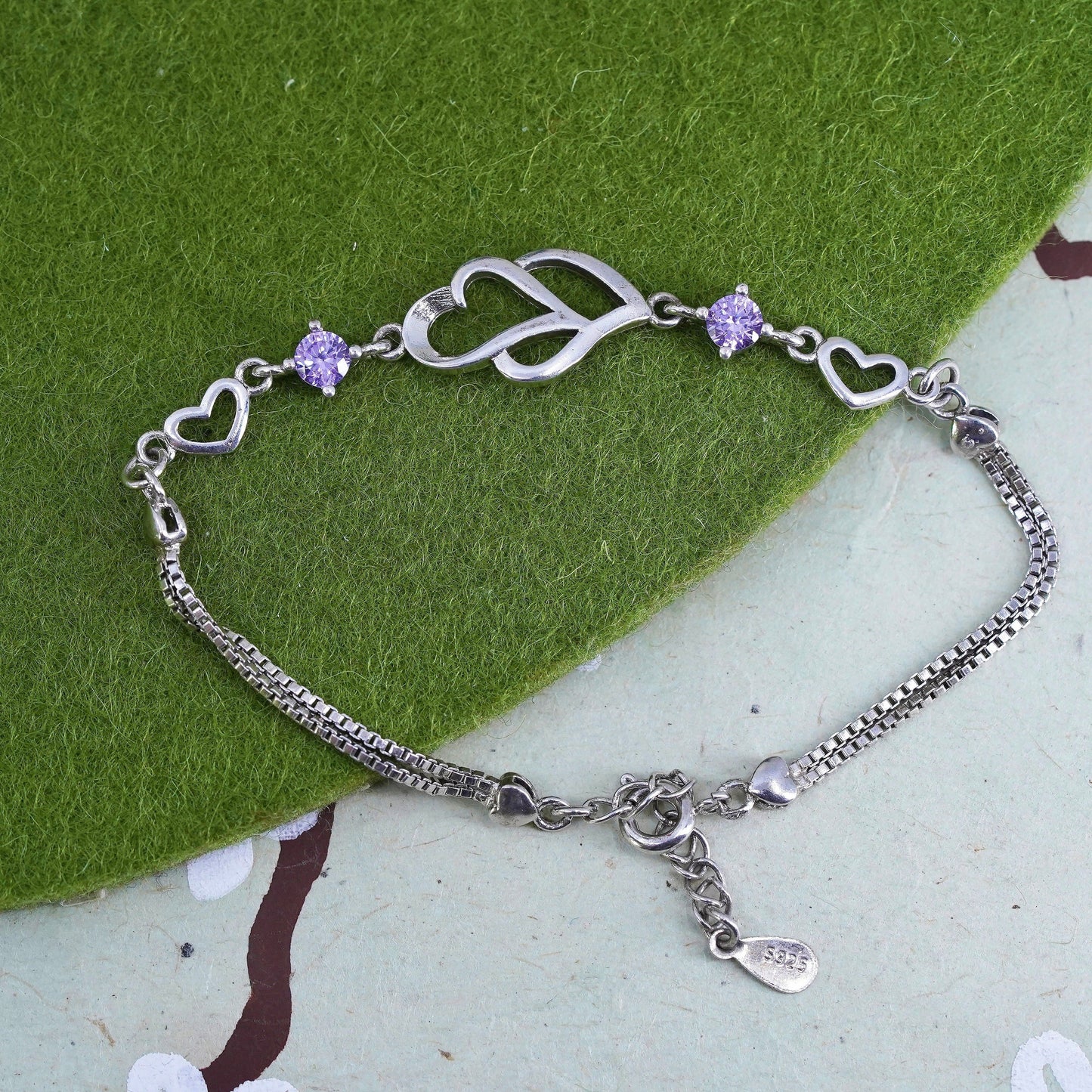 6.5”, Vintage sterling silver double heart box chain, 925 bracelet w/ amethyst