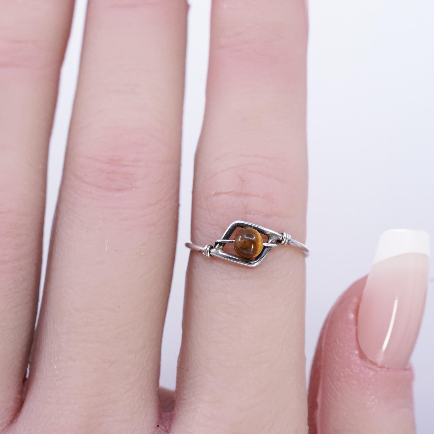 Size 4.5, vintage Sterling 925 silver handmade ring, wired band with Tiger eye