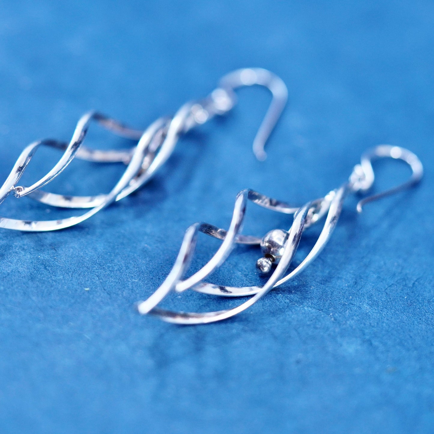 Vintage sterling silver handmade earrings, 925 twisted hoops with beads